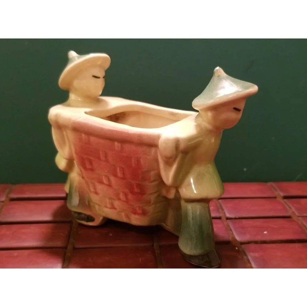 Vintage Ceramic Vase Planter Asian Men In Traditional Costumes